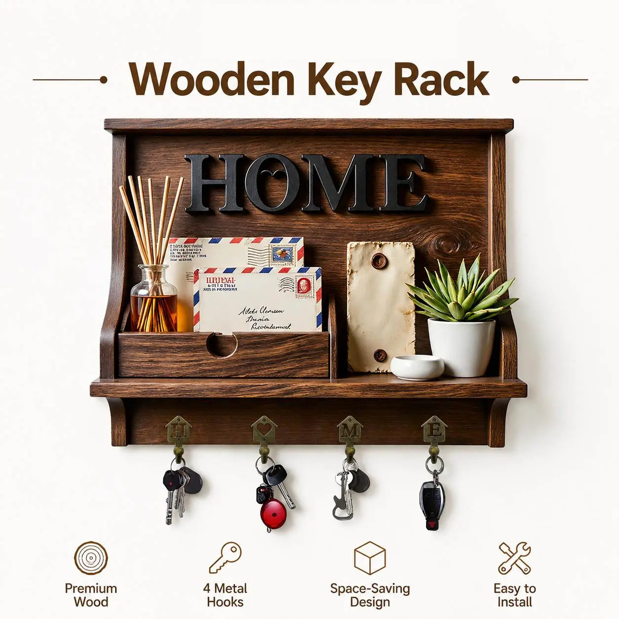 Vintage Rustic Multicolor 2D Flat Wooden Wall-Mount Key Holder - 4 Home Hooks, Mail Storage Rack, Entryway Space-Saving Shelf Organizer for Keys, Letters, Small Items (No Excessive Bulk) Farmhouse Home Decor