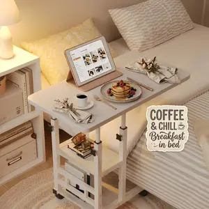 Adjustable Height Bedside Table, Mobile Overbed Desk with Wheels, Portable Laptop Stand for Bed/Sofa, Small Space Friendly, Easy to Assemble