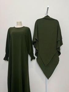 women's solid color long sleeve dress & hijab set, casual modest muslim two-piece outfits for daily wear, modesty women's islamic clothing for all seasons, abaya hijab set, ruffle sleeve abaya