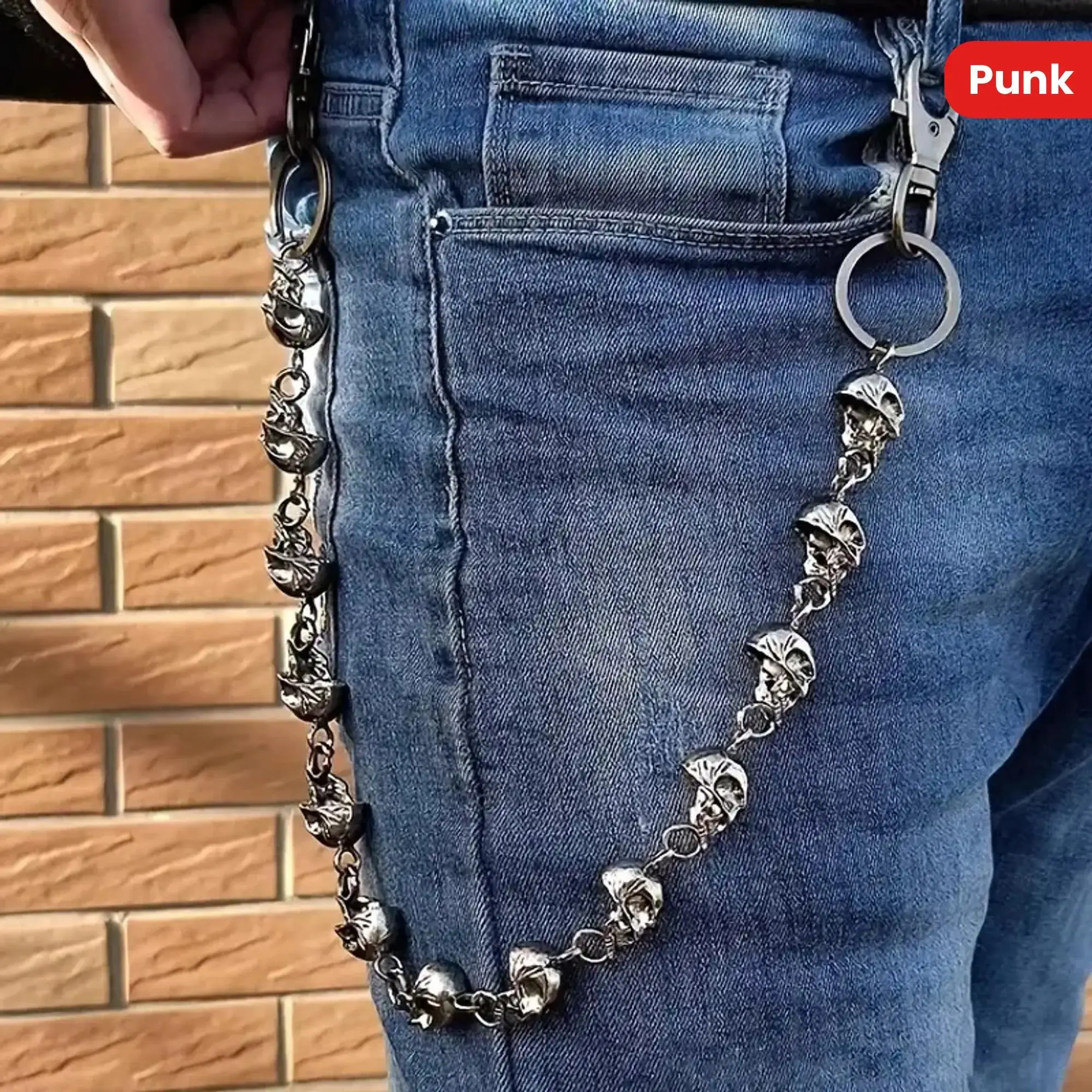Skull Zinc Alloy Keychain - Unplated Men's Belt Wallet Chain, Hip Hop Rock Jeans Keychain, Motorcycle Rider Accessories, Gothic Halloween Gift Fashion Hip Hop Personality Hollow Skull Double Layer Metal Belt Chain for Men Versatile Halloween
