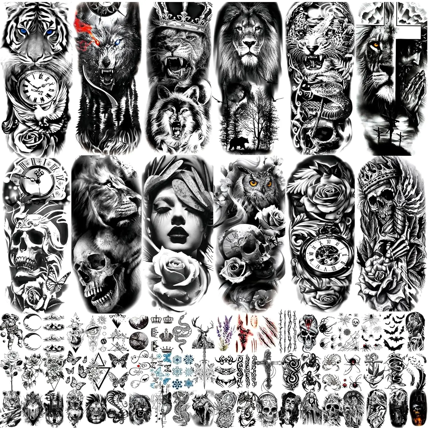 Waterproof Gel Temporary Tattoos for Adults, 82-Sheet Pre-Packaged Set with 12 Realistic Black 3D Half-Sleeve Stickers, Halloween Dramatic Scary Lion Wolf Tiger Skull Skeleton Designs, Suitable for All Skin Types