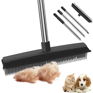 Rubber Broom for Pet Hair Removal with Squeegee 2 in 1Pet Hair Broom,Carpet Cleaning Brush Hands-Free Cleaning, Rubber Scraper for Floors/Windows/Sofas Adjustable Handle Carpet Rake for Pet Hair Removal