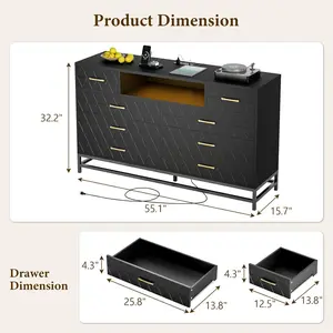 【Christmas Gift】Modern Black Bedroom Dresser with 8 Deep Drawers – Large Dresser for 55” TV Stand with Power Outlet & LED Lights, Stylish Storage Solution – Wood Dresser with Elegant Gold Knobs