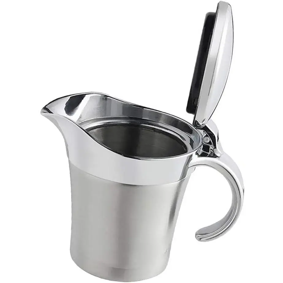 Double Insulated Gravy Boat - Stainless Steel Sauce Jug with Hinged Lid Ideal for Gravy or Cream at Thanksgiving (450ML/16 OZ)