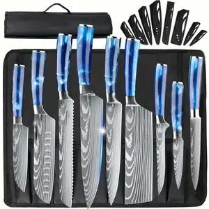 9pcs Kitchen Knife Set with Rolling Bag Kitchen Knives with Resin Handles Home Cooking Outdoor Camping with Sharpening Rod  Blue Resin Handle Professional Chef Santoku Cleaver Paring Knife Japanese Forged Hammered Knife Set