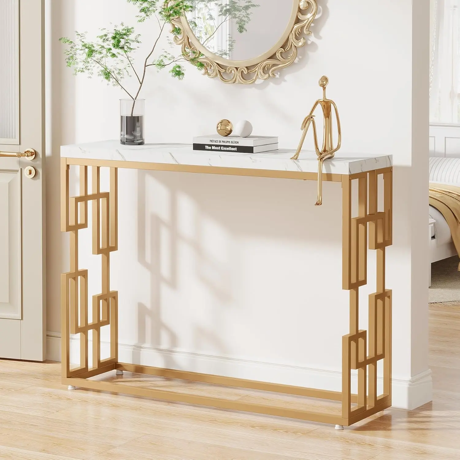 LITTLE TREE Gold Console Table, Modern 42.5" Sofa Tables Entryway Hallway Foyer Table, White Faux Marble Tabletop Sofa Table Behind Couch with Gold Metal Legs for Living Room, Easy Assembly