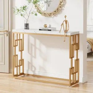 LITTLE TREE Gold Console Table, Modern 42.5" Sofa Tables Entryway Hallway Foyer Table, White Faux Marble Tabletop Sofa Table Behind Couch with Gold Metal Legs for Living Room, Easy Assembly