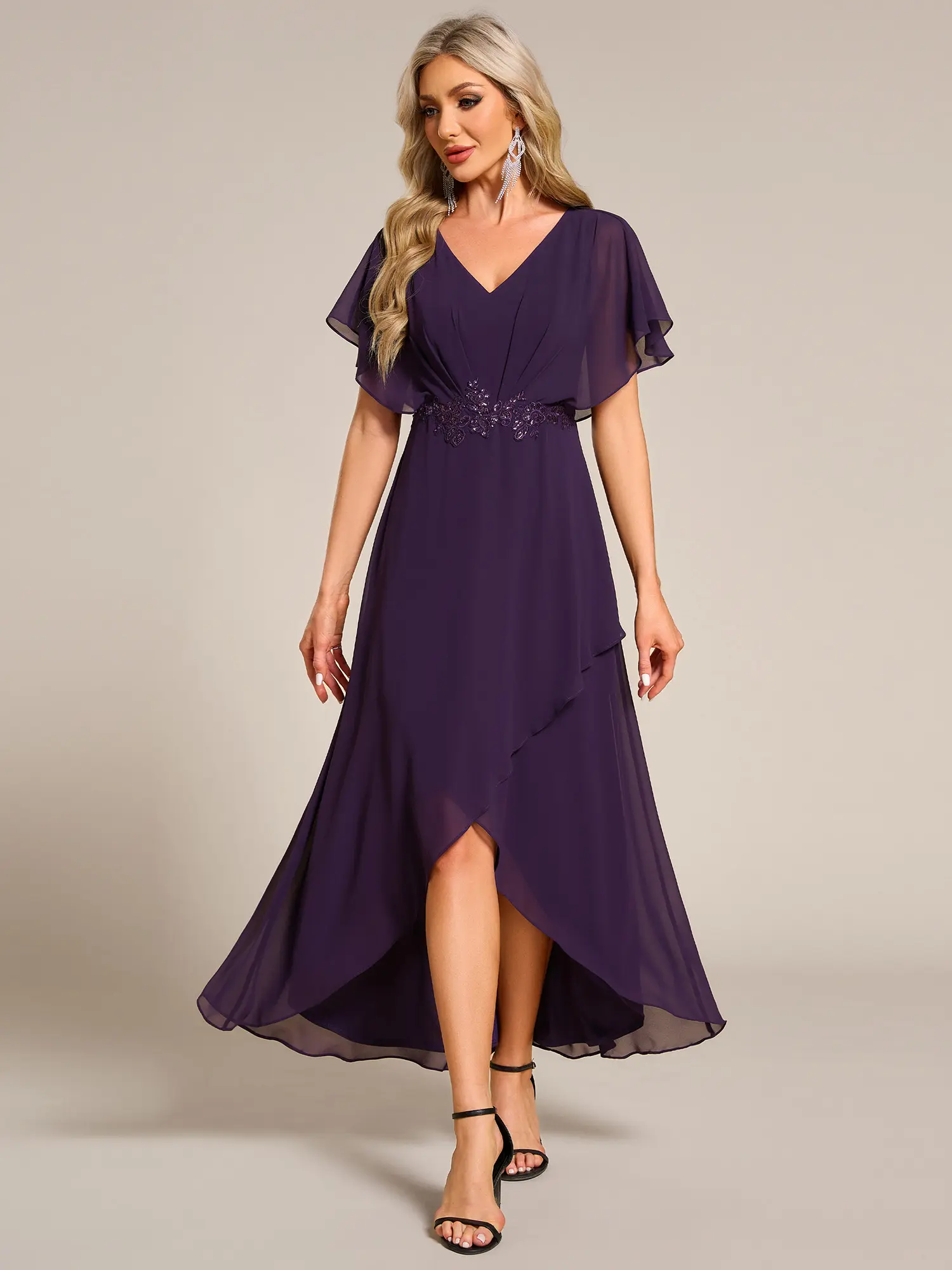 EVER PRETTY Women's Elegant A-Line Chiffon Formal Dress, Tea Length Party Gown with Applique and Lotus Leaf Hem, Formal Wear, Zipper, Style, Fabric, Shortsleeve, Lady, Garment, Formal Dresses For Women