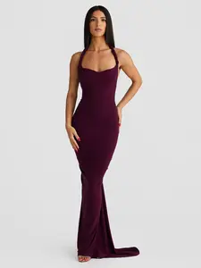 One Shoulder Twist Strap Backless Maxi Dress, Ruched Bodycon Mermaid Gown with Train for Formal Evening Party