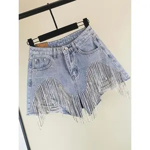 Women’s high-waisted ripped denim shorts, inlaid with rhinestones and pearl fringes, soft frayed edges, comfortable summer denim shorts — light blue vintage design, high-waisted shorts GARMENTARY