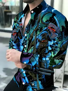 Men's Breathable Lapel Long-Sleeved Cardigan Anime Style Blue Armored Warrior & Staff-Wielding Rat Print