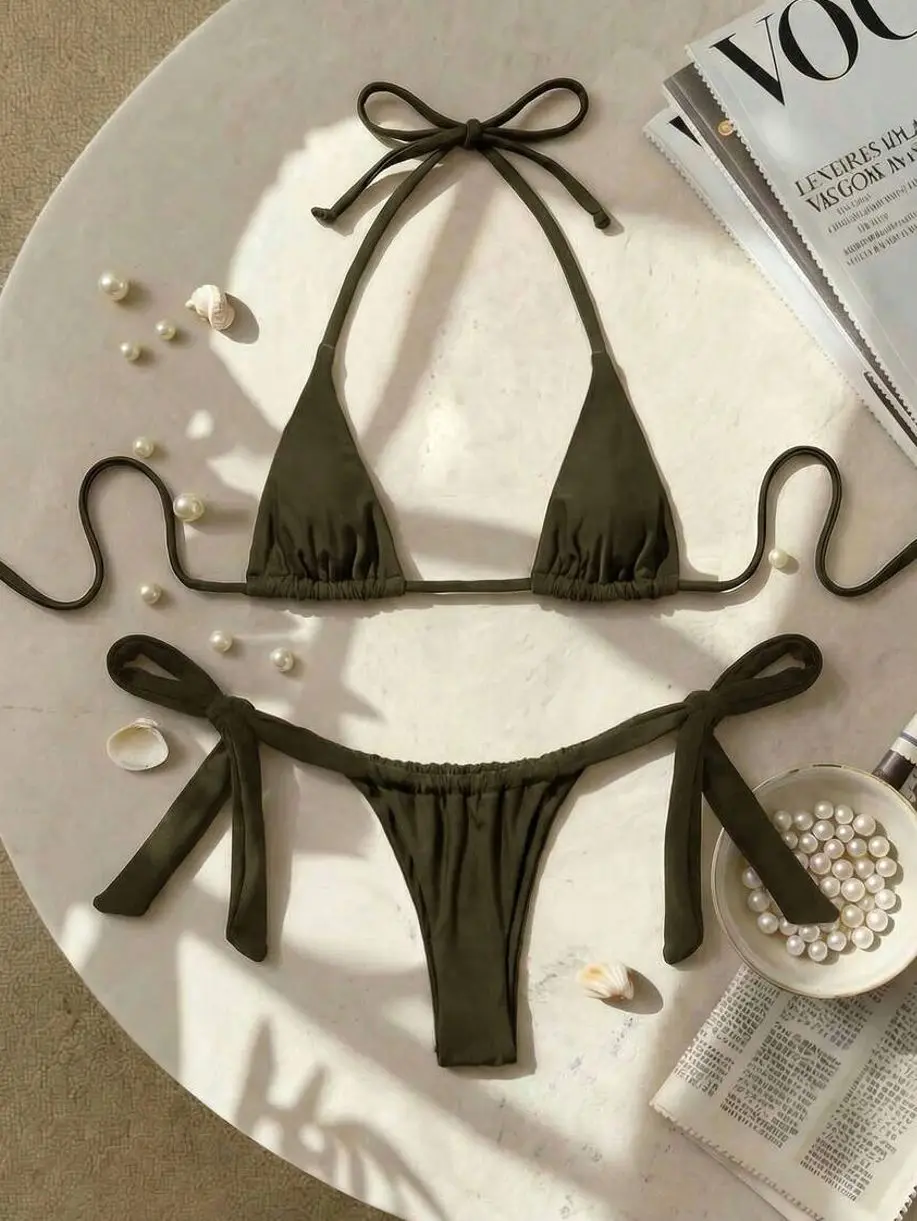 Sexy Mini Cup Bikini Set, Bowknot Strap Swimwear for Beach Vacation and Pool Parties