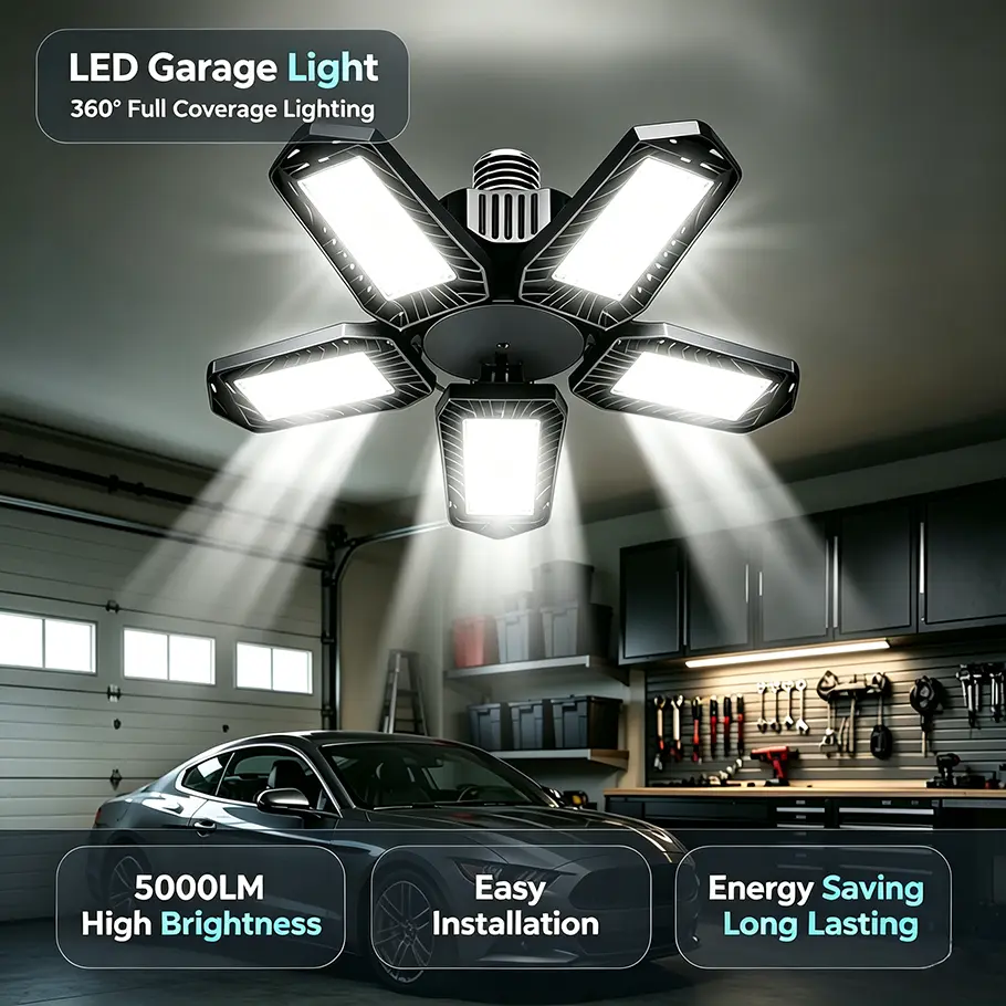 Foldable LED Garage Ceiling Light, 2/4-Pack E26/E27 Screw-in Bulbs, 5 Adjustable Panels, 5000LM Output, 6500K LED Chips, Even Illumination, Indoor Use for Workshop, Storage Room