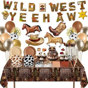 Seenelling 151pcs Western Party Decorations Wild West Cowboy Party Supplies Set Banners Western Plates Napkins Set Tablecloth Cowboy Boot Hat Balloons for Boys Rodeo Birthday Baby Shower Decor