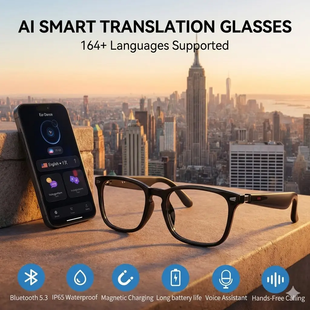Unisex Adults' Wearable Smart AI Audio Glasses - Smart Eyewear with Bluetooth 5.3, IP65 Waterproof, Long Battery Life, Voice Assistant, Magnetic Charging, 164-Language Support & Voice Call Functionality