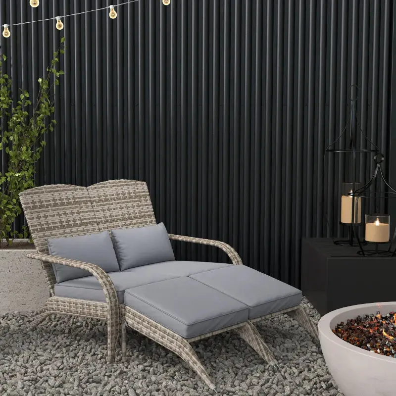 Crestholm 2-Person Wicker Adirondack Chair, PE Rattan Double Fire Pit Chair with Padded Seat & Back Cushions, 2 Footrests, High-Back, Wide Armrests for Porch, Backyard, Garden
