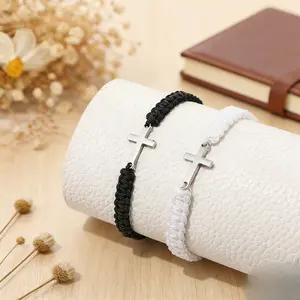 Cross Braided Bracelet Set for Couples, Adjustable Nylon Rope Christian Bracelets, Religious Matching Jewelry for Men Women