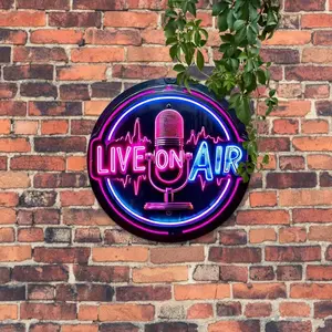 2D Vintage Round Wall Plaque, Printed Neon Style Sign Live on Air Wall Decor, Home Decor, Wall Decor for Living Room, Bedroom & Kitchen, Unique Gift Idea for Housewarming, Wedding, Birthday
