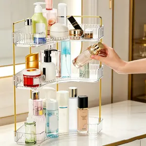 3 Tiers Corner Bathroom Counter Organizer, Clear Vanity Storage Shelf with Gold Metal Pole, Aesthetic Makeup Cosmetic Perfume Skincare Holder for Sink Kitchen Vanity Organization