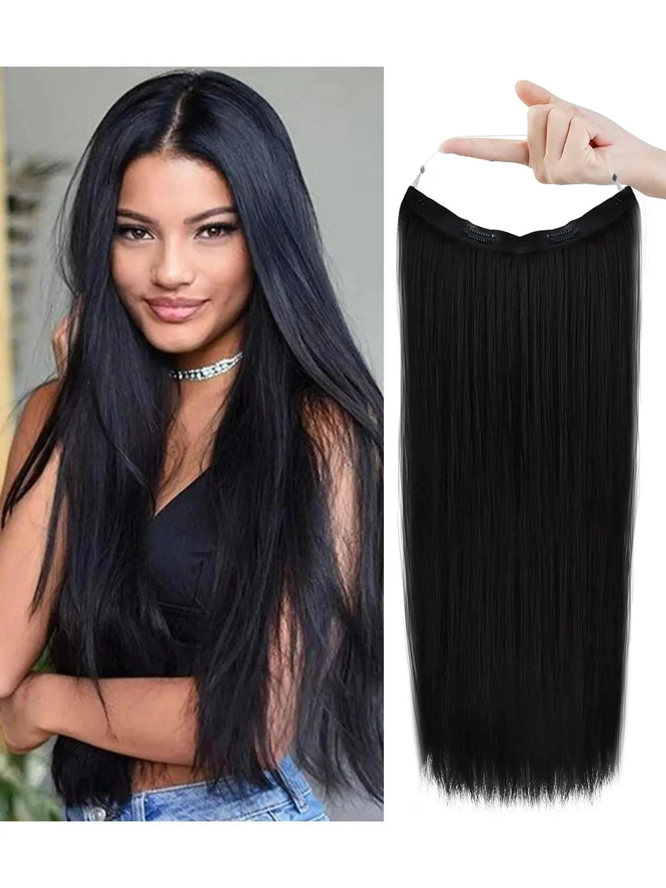Invisible Metal Wire Clip-In Straight Long Synthetic Hair Extension, 24 Inches Adjustable Headband, Heat-Resistant Fiber, Women's Hairpiece, Synthetic Extensions