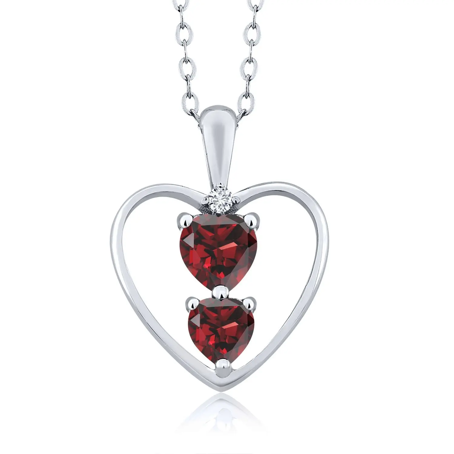 925 Sterling Silver Red Garnet and White Lab Grown Diamond Pendant Necklace For Women (0.94 Cttw, Gemstone January Birthstone, Heart 5MM and 4MM, with 18 Inch Silver Chain)