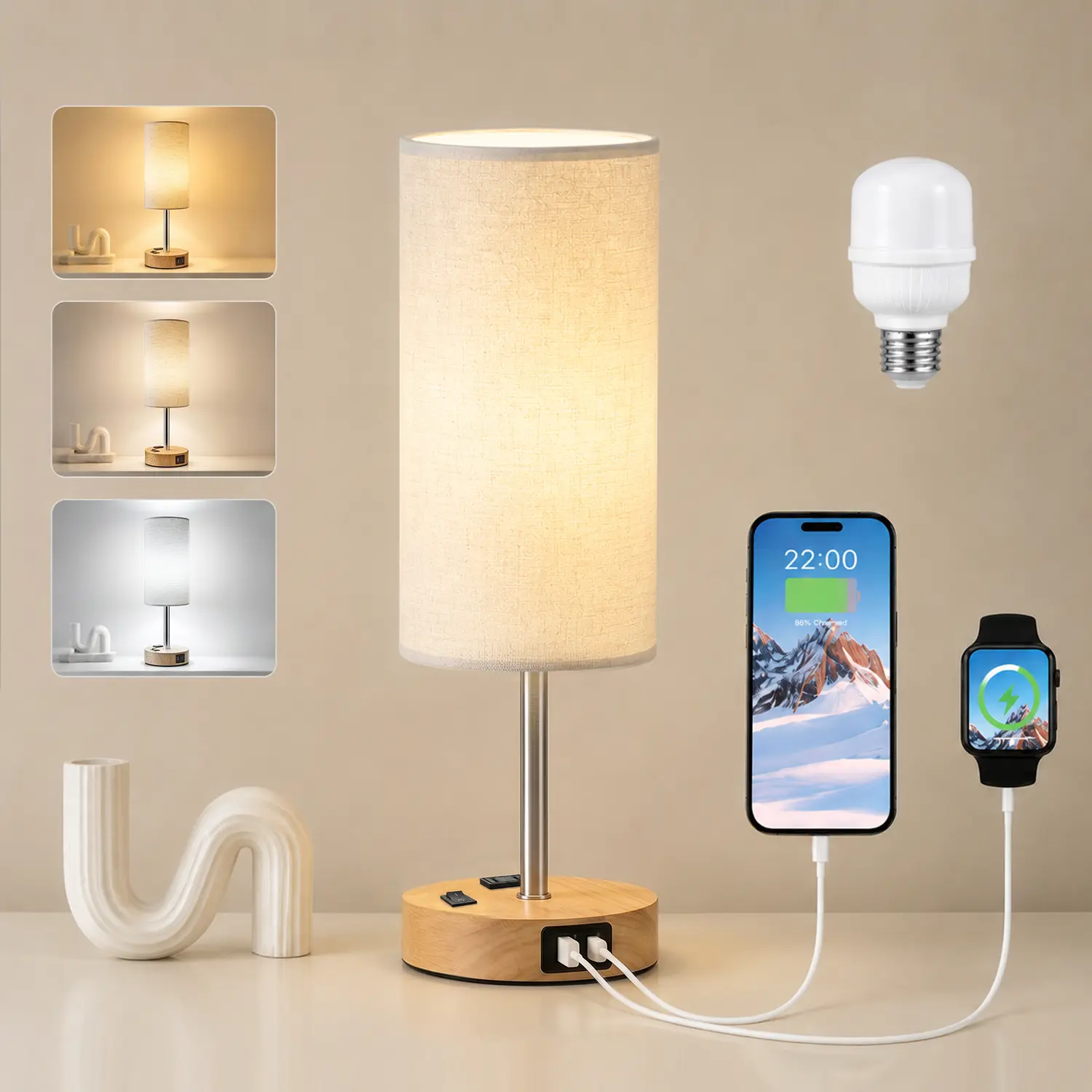 Hoodink Bedside Table Lamp for Bedroom LED Only- 3 Way Dimmable Touch Lamp USB C Charging Ports and AC Outlet, Small Lamp Wood/sliver Base Round Flaxen Fabric Shade for Living Room, Desk, LED Bulb Included, 40W Max