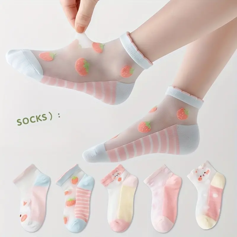 [Cute Rabbit Socks] 5 pairs of cute rabbit-patterned socks for girls, breathable, sweat-proof, and non-slip mid-calf socks for summer, stylish and versatile socks essential for back-to-school season
