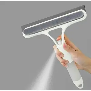 3-in-1 Window Cleaning Scraper Squeegee Cleaner - Spray Function, Rotatable Plastic Scrubber, Lightweight Silicone Microfiber Glass Washer for Household, Car Windshield (White)