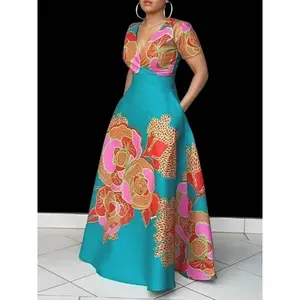 Women's Floral Print Wrap Deep V Neck A Line Dress, Elegant Short Sleeve Pocket Maxi Dress for Party Holiday Wedding Guest, Ladies Summer Clothes