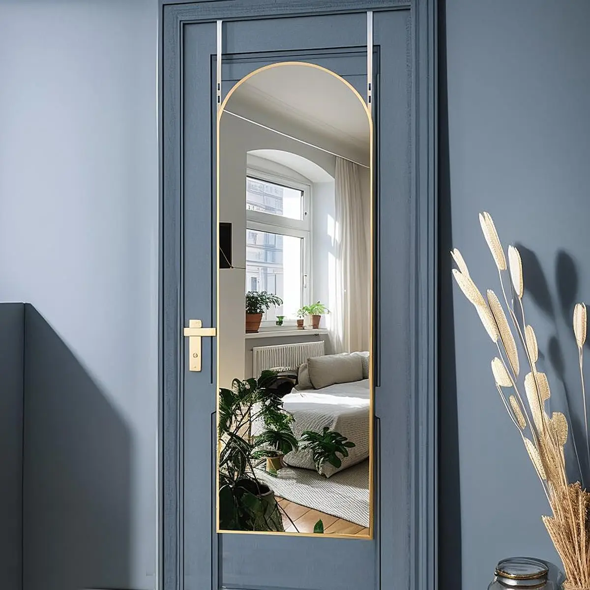 14"x48" Door Mirror,Arched Full Length Mirror, Over The Door, Arch Wall Mirror, Thin Frame,  Alloy, for Bedroom, Living Room, Entryway -