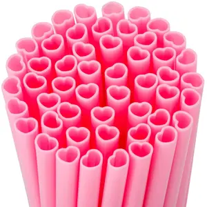 100 PCS Valentine's Heart Straws, Pink Love-Shaped PP Straws, Plastic Reusable Straw, Romantic Party Supplies & Drink Decorations