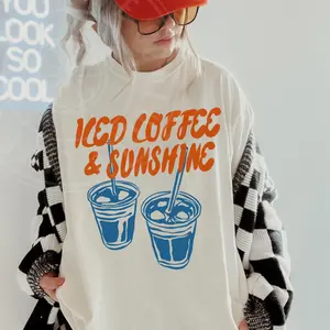Iced Coffee and Sunshine Shirt, ORIGINAL DESIGNER Coffee Lover Tee, Summer Tshirts, Unisex Garment-Dyed T-shirt Oversized Womenswear Top Cotton Apparel