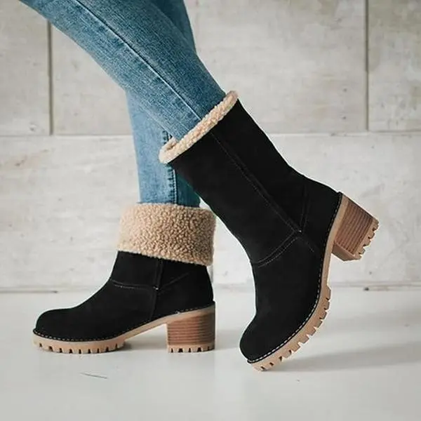 Women's Modest Ankle Boots with Thick Sole, Formal Block Heel Winter Shoe with Warm Plush Cuffs for Party, Footwear, Casual, Fashion