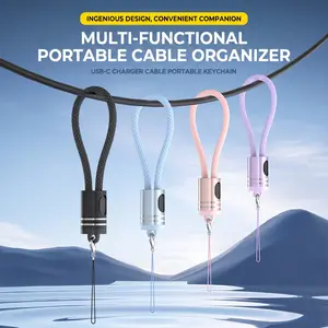PD Fast Charging Cable Phone Lanyard, 18cm black Nylon Braided Dual Type-C 2-in-1 Charger Cord with E-Marker Chip, 480Mbps Data Sync for Type-C Laptop Tablet Phone