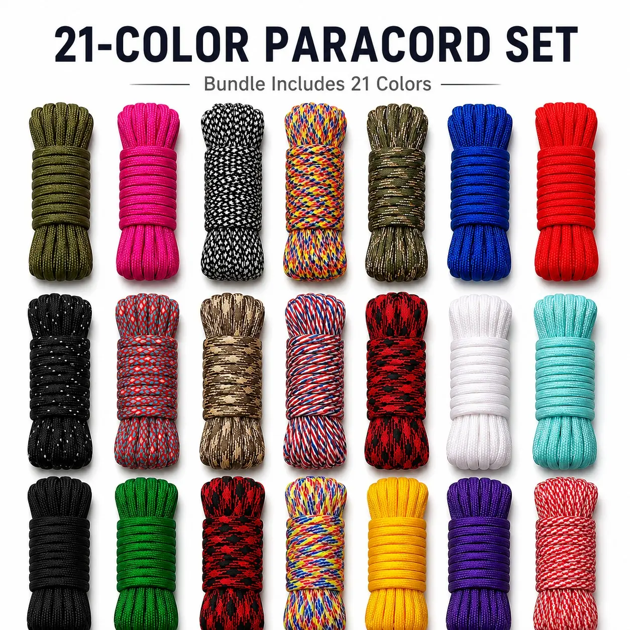 21-Color Mixed 5mm 7-Strand Paracord Set, Includes Solid and Patterned Colors, Durable Rope for Camping, Hiking, DIY Bracelets, Lanyards and Gear Ties