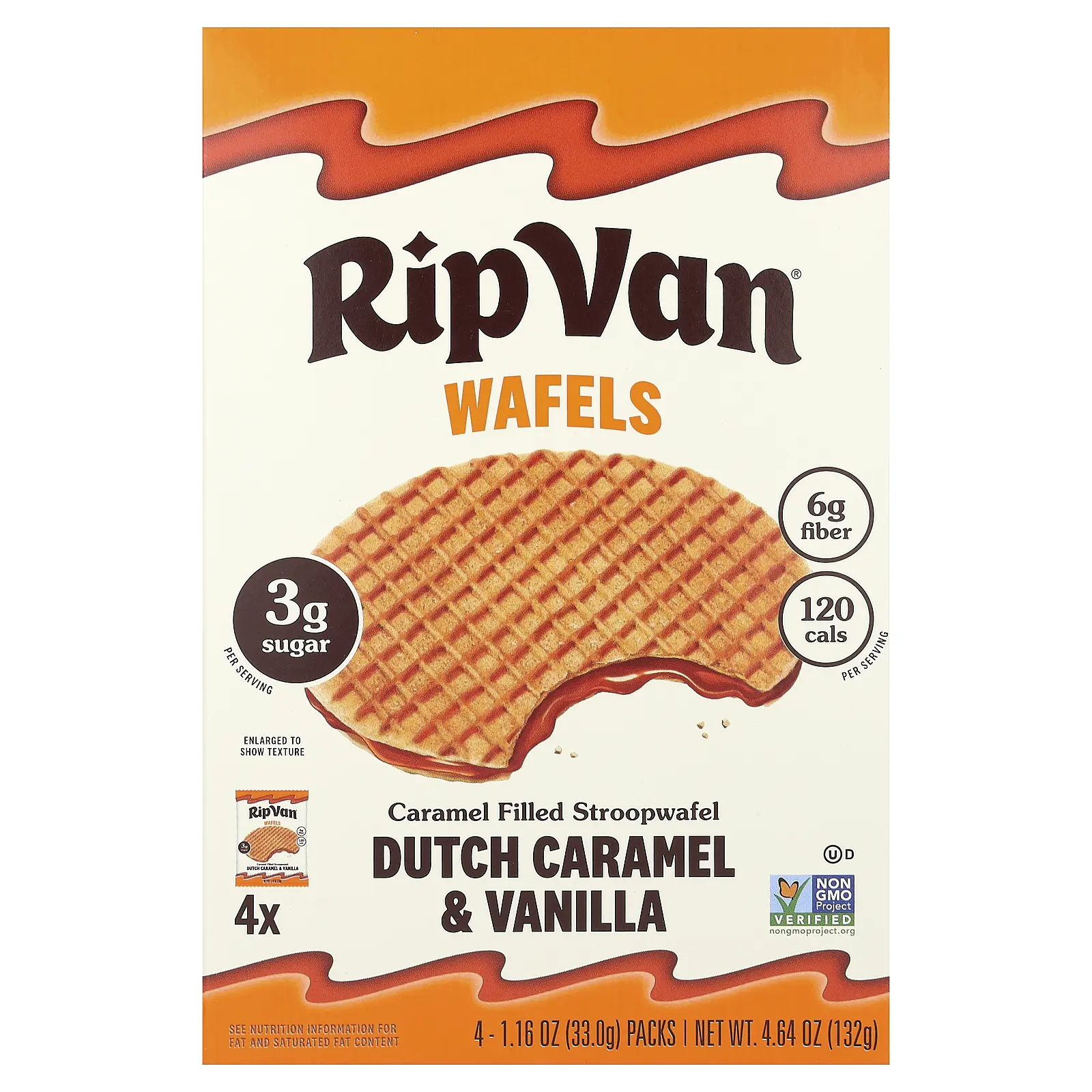 Rip Van Wafels Caramel Filled Stroopwafel, Dutch Caramel & Vanilla, 4 Packs, 1.16 oz (33 g) Each