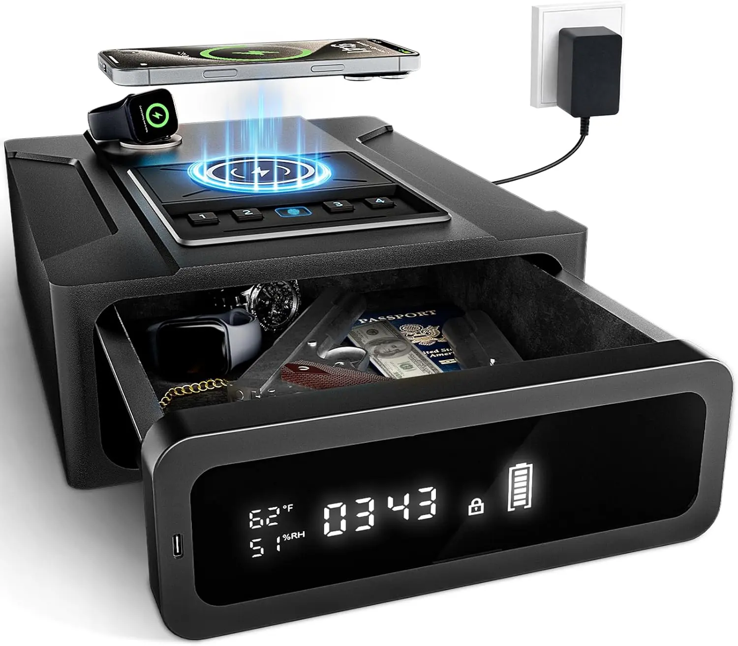XDeer Biometric Gun Safe for Handgun, Nightstand Smart Safes Box with Wireless Charging for Phone and Watch, 3 Ways Quick Access Fingerprint Gun Safes, Auto Pop-up Drawer Safe with Digital Clock 1PCS