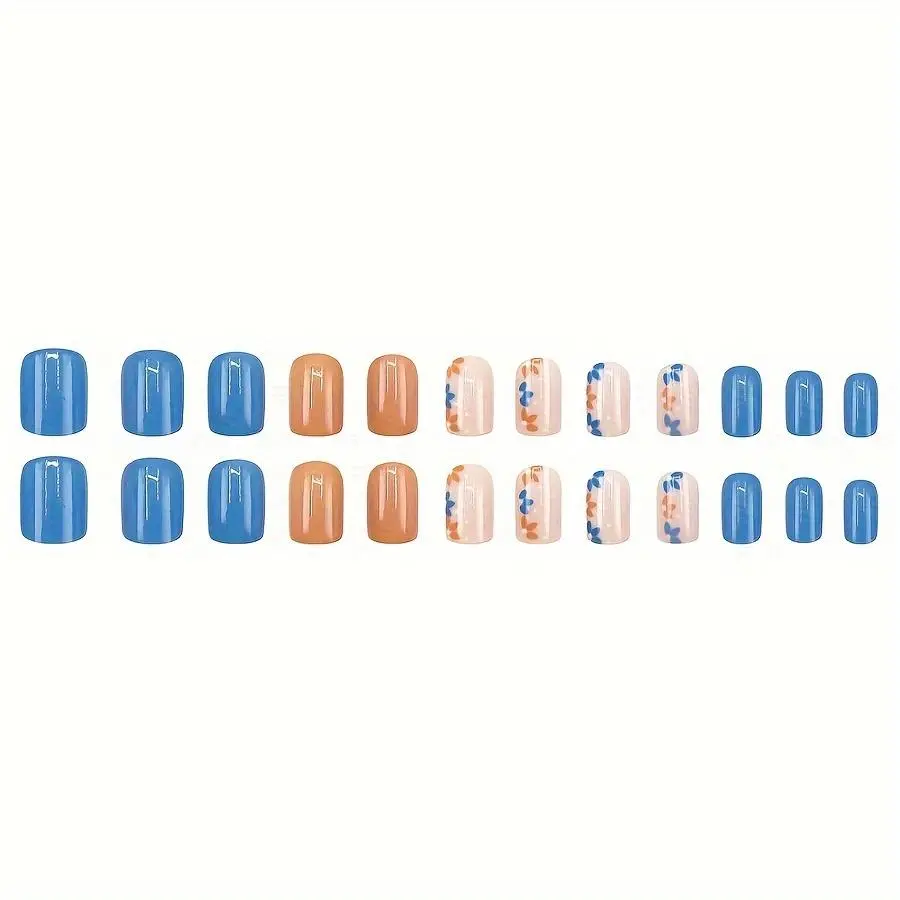 24pcs Short Square Press-On Nails - Orange & Blue Color-Block Floral Design Glossy Fake Nails with Jelly Glue & Nail File Women & s, Casual Attire, Beauty Accessories, Durable Pressons