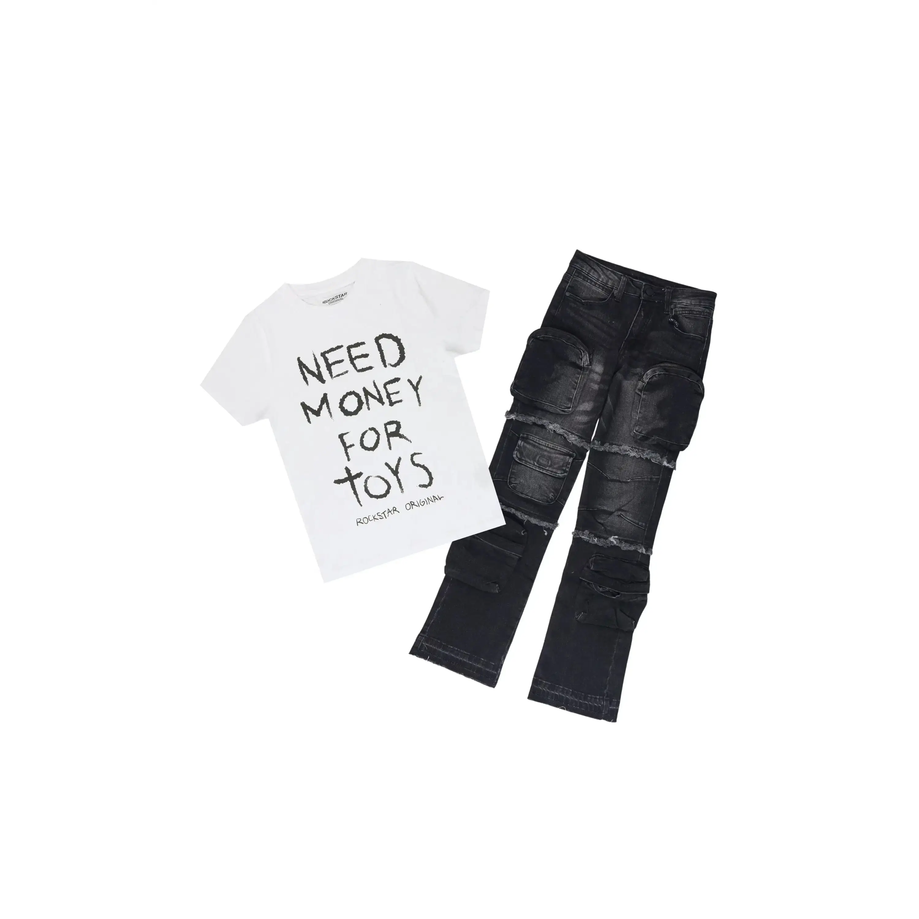 Girls Delaney White/Dark Grey T-Shirt Stacked Jean Set