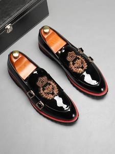 men's business embroidered design slip on dress shoes, fashionable pointed toe pu leather shoes for work office, male all-match commuter business shoes for daily wear, formal shoes for men, footwear