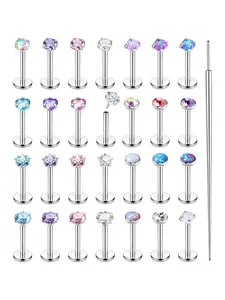 28Pcs Threadless Nose Rings Studs Set Surgical Steel Lip Nostril Labret Medusa Piercing Jewelry Push in Tragus Conch Helix Flat Back Earrings for Women Men 16G 18G 20G 6/8mm Geometric Nostril Piercing