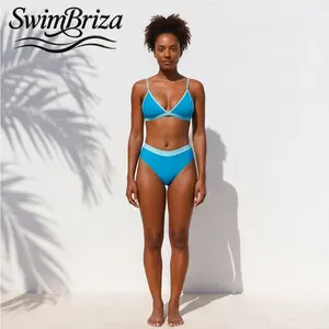Briza｜Triangle Bikini Style Two-Piece Swimsuit in Stretchy Solid Turquoise Blue with Light Contrast Trim Women's Bathing Suit Set for Beach Vacation Swimwear Confidence Pool Summer Resort, Women's Swimwear, Bathing Suit for Women, Bikini Set