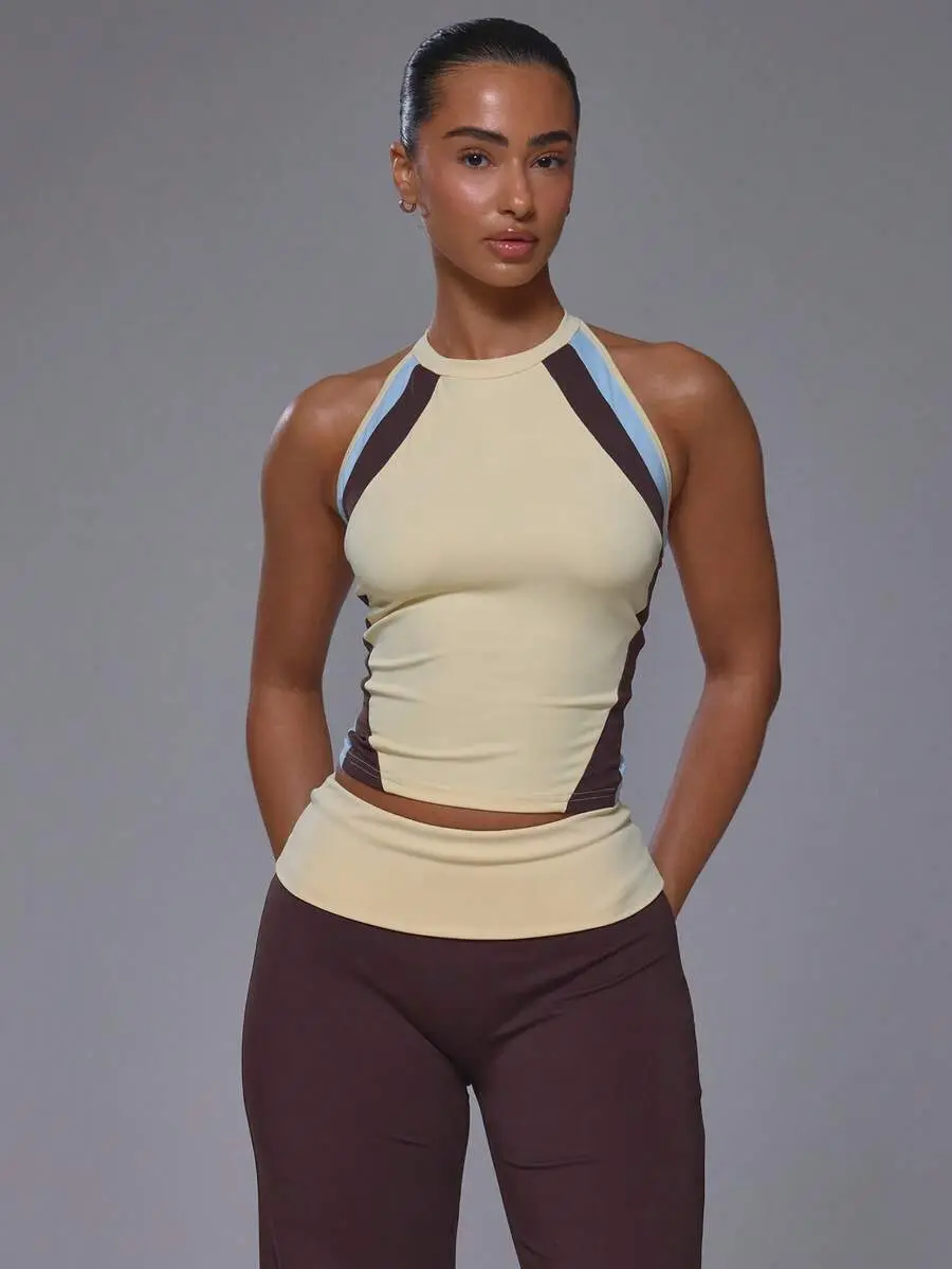 SLAYFIT Sport Contrast Colour Front Panels Scoop Neck Racer Back Fitted Active Tank Top Coord Top Only Sport Workout Gym Cute Pilates Fitness Daily Butter Yellow
