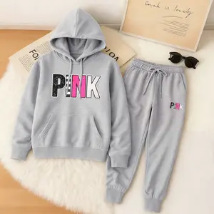 Women's Pink Cartoon Print Hoodie And Drawstring Track Pants Set, Casual Sportswear, Long-Sleeved Hooded Jacket And Pants, Suitable For Autumn And Winter, Everyday Wear, Indoor And Outdoor Sportswear, Casual Sportswear.