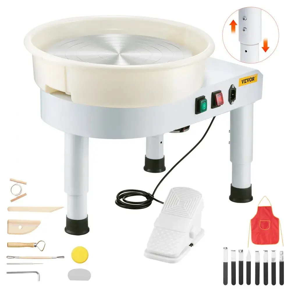 VEVOR Pottery Wheel,  14 in Ceramic Wheel Forming Machine, 60-300 RPM Speed Adjustable Foot Pedal, Adjustable Lift Leg, Detachable Basin, Complete Tool Accessory Kit for Work Art Craft DIY, White