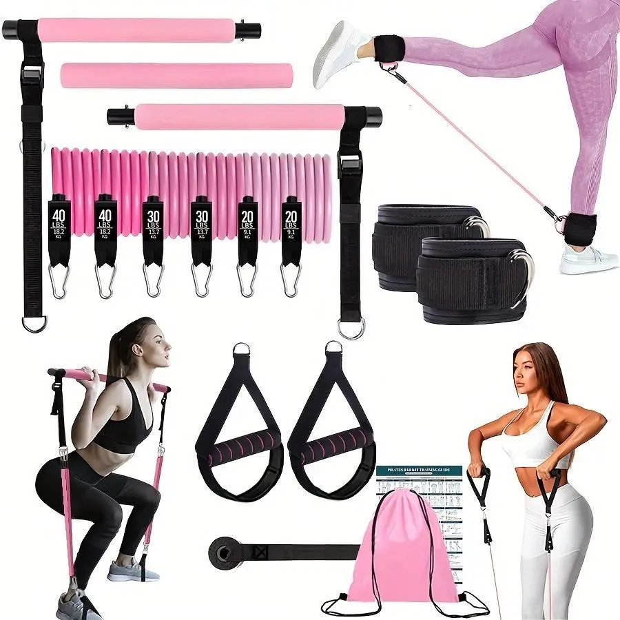 Pilates 14-Piece Set, Pilates Equipment For Home Workouts, Home Pilates Equipment, Hip Training Yoga Pilates Push-Pull Bar, Leg Resistance Bands, Hip Trainer, Yoga Stick with Pull Rope, Ideal for Indoor Yoga and Fitness