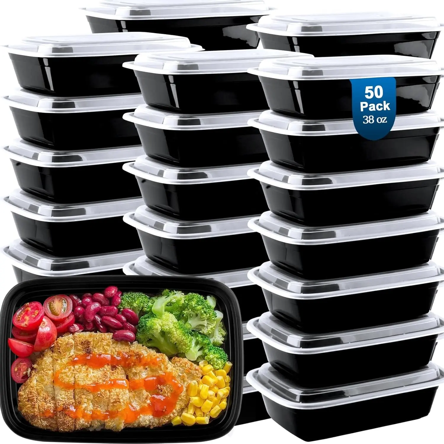 50 pack meal preparation container, leak proof ready to eat food container, disposable and reusable takeaway food preparation container, BPA free food grade plastic food storage container, microwave/dishwasher/refrigerator safe, Disposable Containers