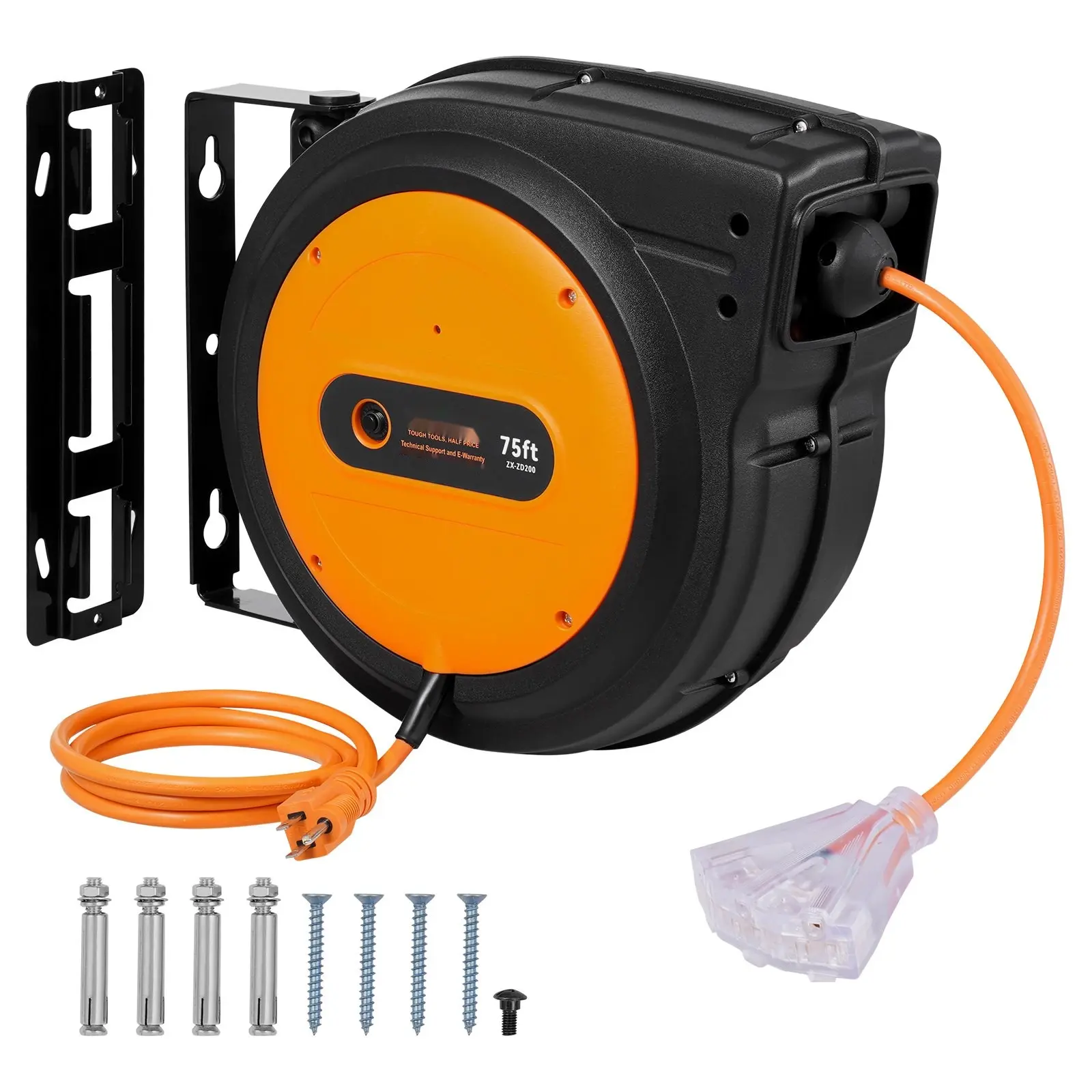 Retractable Extension Cord Reel, Power Cord Reel 75 Ft, 14 AWG/3C SJTOW Copper Conductors, Auto Retracting Cable Reel With Guide, Mounting Options, Indoor Outdoor Use, Cable Management For Home Workshop Garage