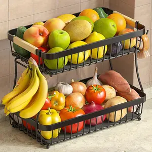 2-Tier Large Modern Collapsible Metal Fruit Basket, Home Organizers House Organizers with Smooth Finish, Detachable Storage, 2 Mobile Banana Hangers, Wooden Handle, Protective Mats for Bread, Snacks