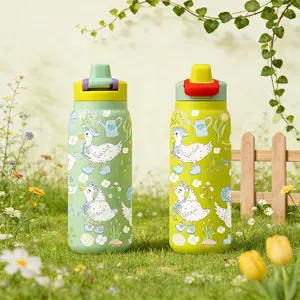 1Pc 19/24/32oz Duck and Flower Print Insulated Mug, Insulated Flask, Cute Pastel Vacuum Cup with Lid and Straw, Keeps Hot 12H/Cold 24H, Ideal Travel Tumbler for Spring, Picnic, or Office, Adorable Gift for Girlfriend, Nature Lovers